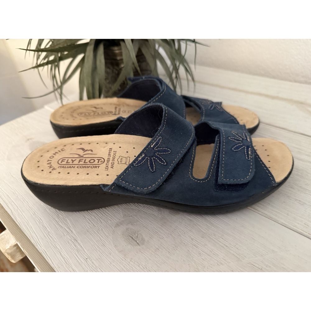 Fly Flot Leather Sandals Sz 37 6.5 Maylis Slides Low Heel Wedge Slip On Italy